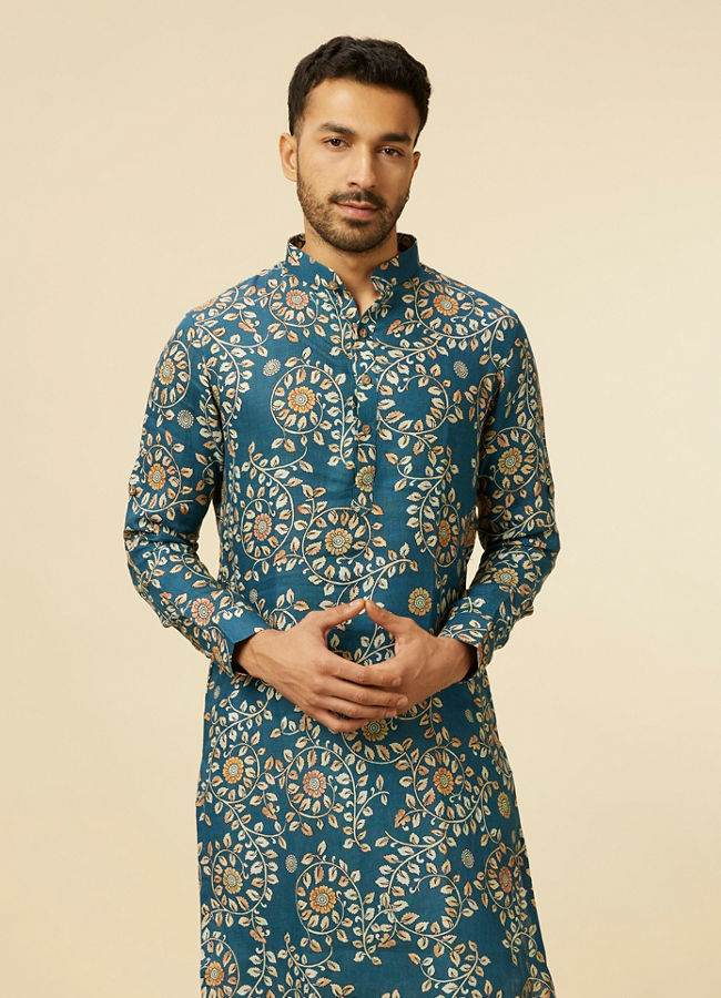 alt message - Manyavar Men Teal Blue Bel Buti Patterned Kurta image number 0